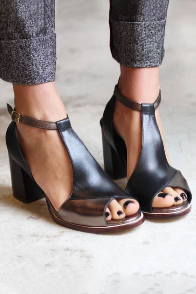 Anyao™ | Tacones de bloque con diseño patchwork y punta abierta