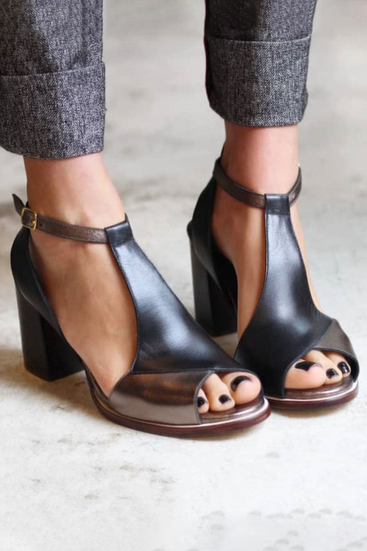 Anyao™ | Tacones de bloque con diseño patchwork y punta abierta
