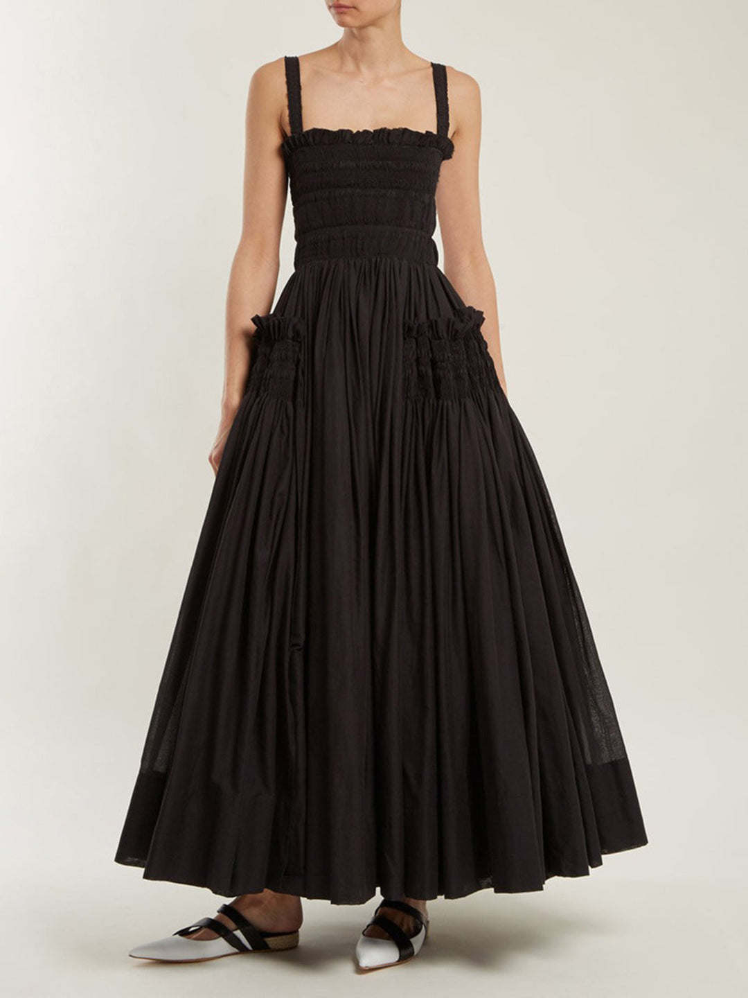 Vestido Largo de Tirantes con Pliegues y Fruncido