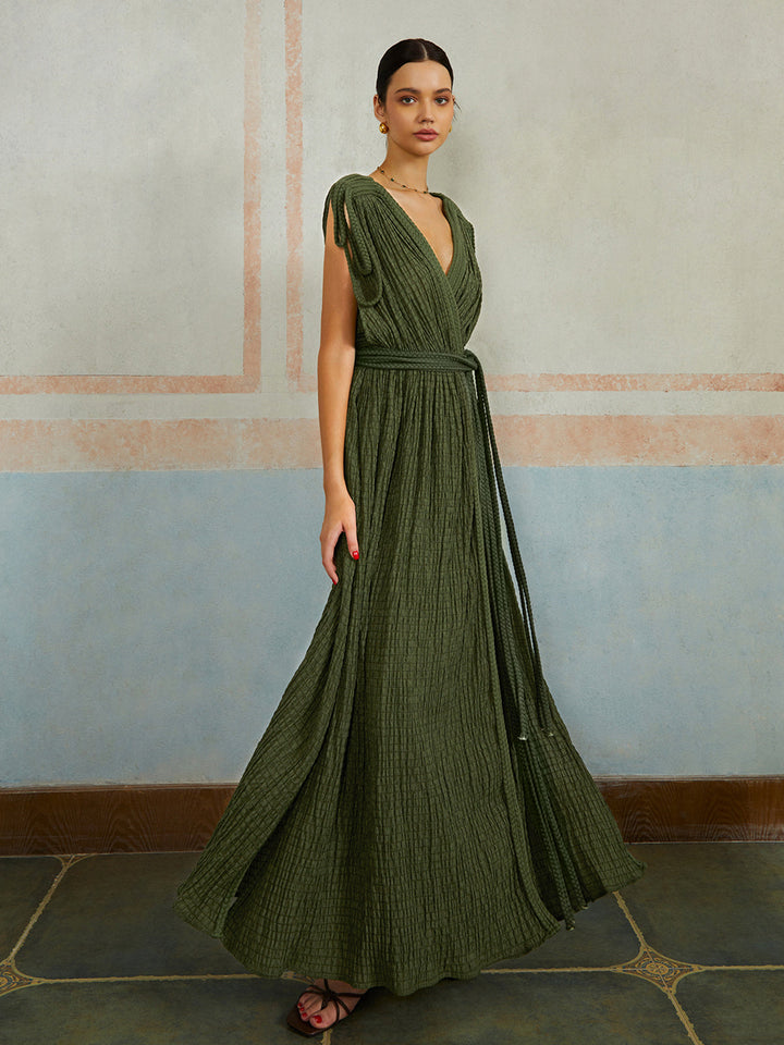 Vestido Largo Casual con Pliegues y Cinturón