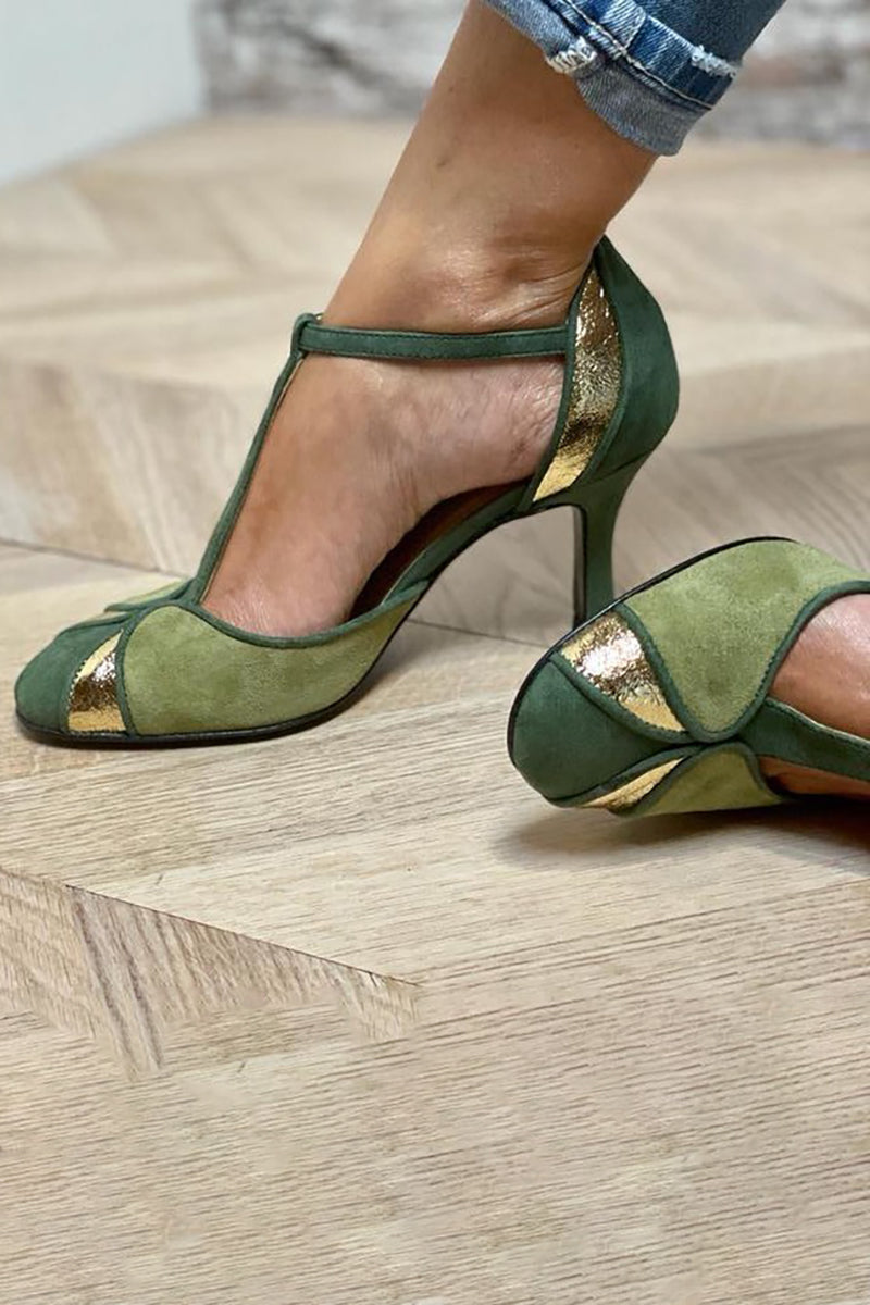 Alona™ | Tacones con diseño patchwork, punta cerrada y tira en T