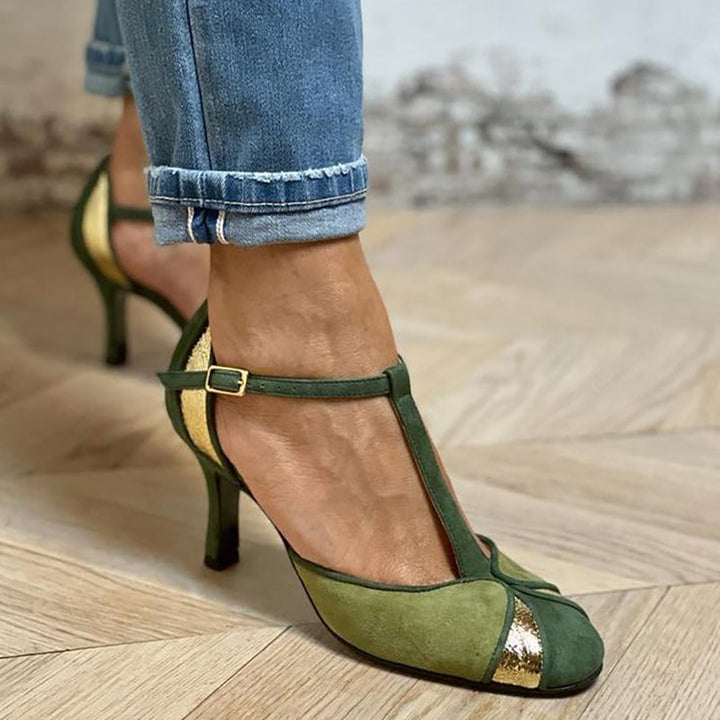 Alona™ | Tacones con diseño patchwork, punta cerrada y tira en T