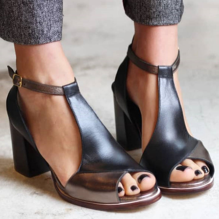 Anyao™ | Tacones de bloque con diseño patchwork y punta abierta